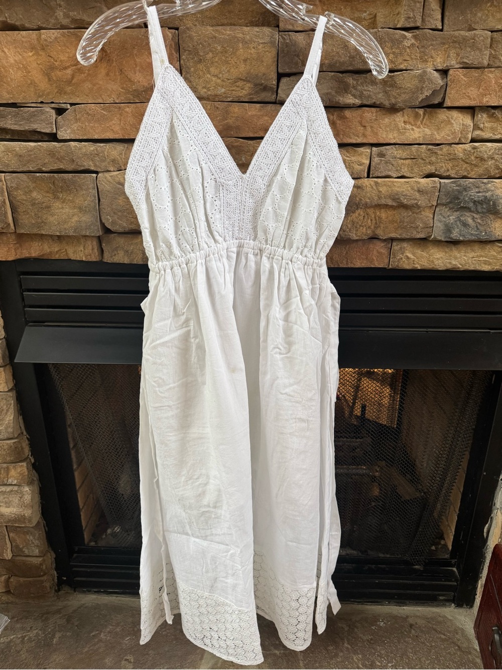 White V-Neck Spaghetti Strap Lace-Trim Embroidered boho Midi Dress - Picture 2 of 4